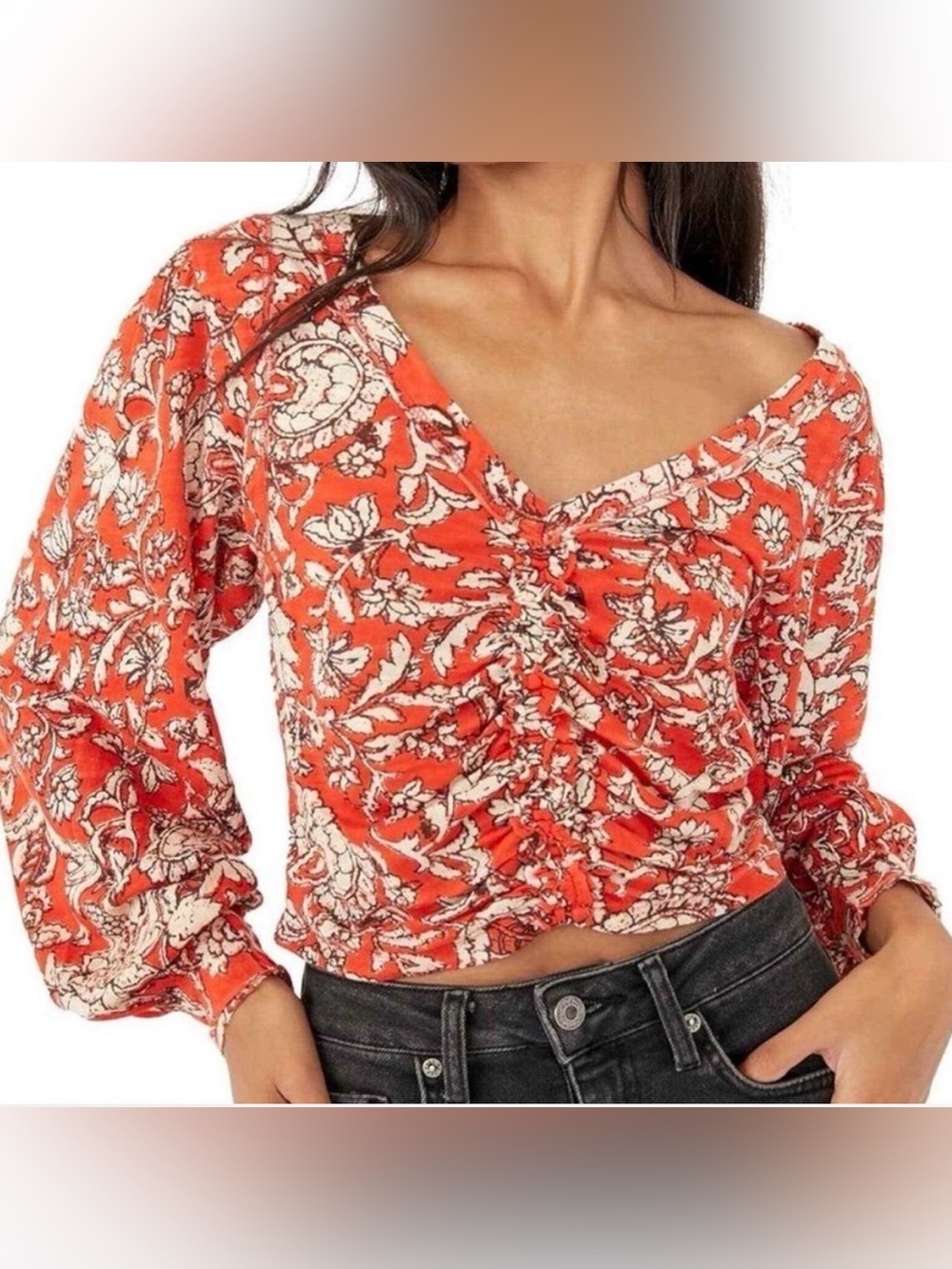 Free People Orange Floral Ruched V-Neck Crop Top